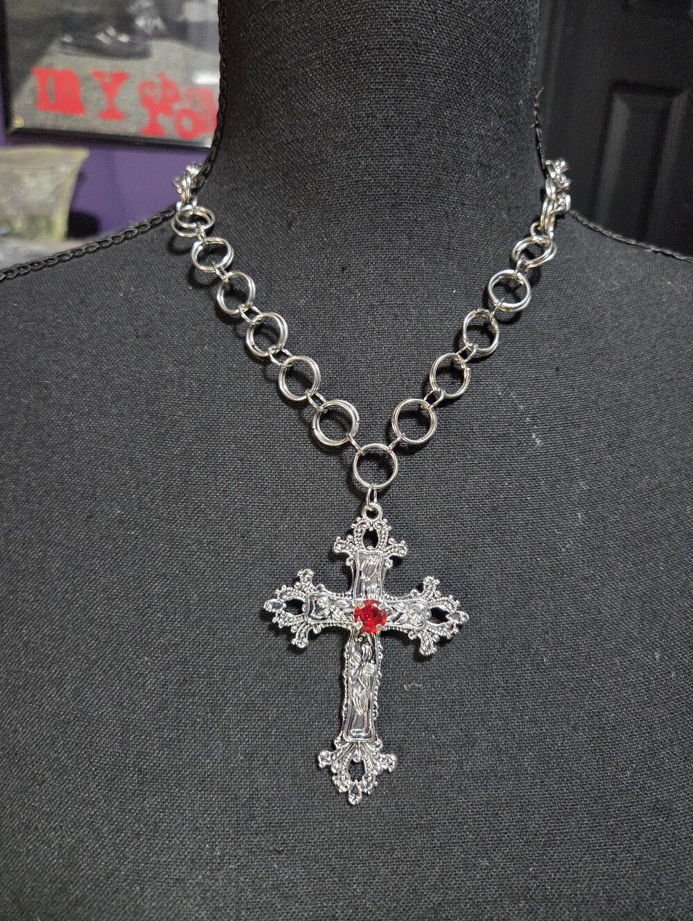 Gothic Handmade Cross Necklace Silver Red Emo Punk Jewelry Stainless Steel Goth